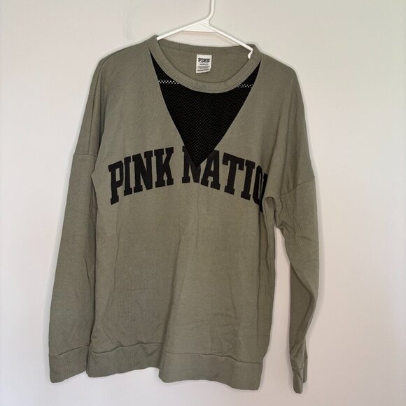 PINK VICTORIA'S SECRET Small Pink Nation Army Green Sweatshirt Mesh Cutout - Picture 1 of 4